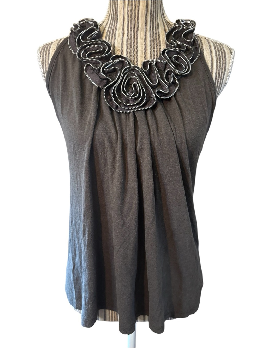 Y2K Cami Medium Charcoal Gray Ruffled 3D Floral Rosette Silver Metal Zipper Trim